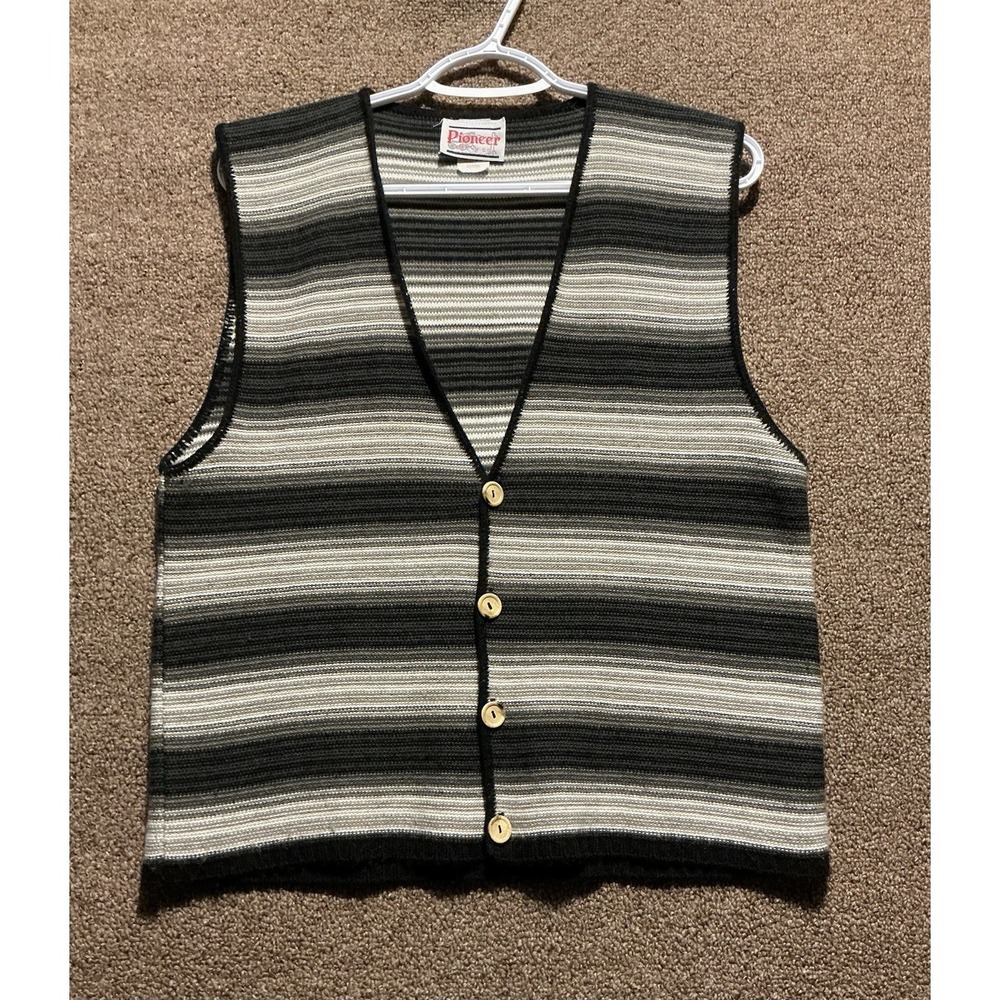 Pioneer Women's Vest USA MADE VINTAGE L Black Gray Stripe